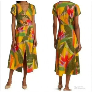 FARM Rio Yellow Tropical Midi Dress with Green and Red Print